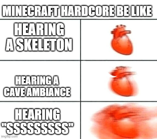 Minecraft hardcore be like | MINECRAFT HARDCORE BE LIKE; HEARING A SKELETON; HEARING A CAVE AMBIANCE; HEARING "SSSSSSSSS" | image tagged in heart rate | made w/ Imgflip meme maker