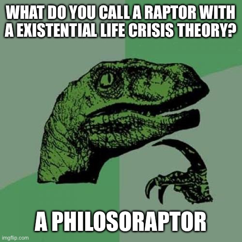 Bad joke | WHAT DO YOU CALL A RAPTOR WITH A EXISTENTIAL LIFE CRISIS THEORY? A PHILOSORAPTOR | image tagged in memes,philosoraptor | made w/ Imgflip meme maker