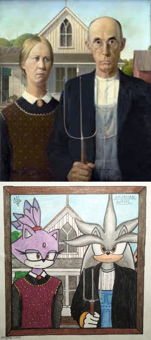 Don't know why I made this. Guess I got inspiration by the painting | image tagged in american gothic,painting,silver,420 blaze it,drawings | made w/ Imgflip meme maker