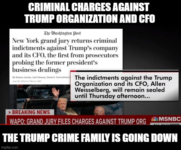 Crime Family Indicted | CRIMINAL CHARGES AGAINST 
TRUMP ORGANIZATION AND CFO; THE TRUMP CRIME FAMILY IS GOING DOWN | image tagged in trump crimes,liar,conman,psychopath,mafia,commie | made w/ Imgflip meme maker