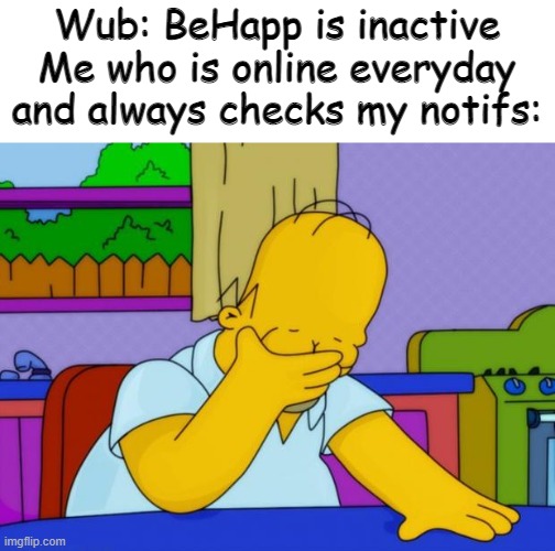 People have real lives Wubbzy. No one criticized you for being making Pr1ce President for some days. | Wub: BeHapp is inactive
Me who is online everyday and always checks my notifs: | image tagged in smh homer | made w/ Imgflip meme maker