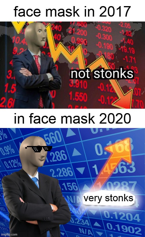 you know it why |  face mask in 2017; in face mask 2020; very stonks | image tagged in not stonks,blank white template,empty stonks | made w/ Imgflip meme maker