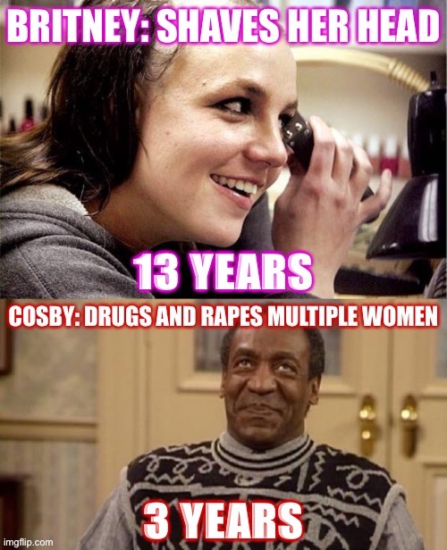 The forecast in these two celebrity cases: cloudy with a chance of sexism | image tagged in britney spears,leave britney alone,bill cosby,cosby,britney | made w/ Imgflip meme maker