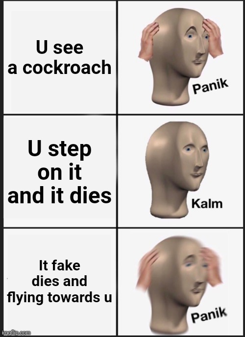 Panik Kalm Panik | U see a cockroach; U step on it and it dies; It fake dies and flying towards u | image tagged in memes,panik kalm panik | made w/ Imgflip meme maker