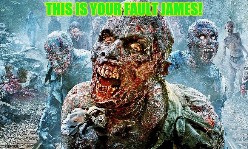Zombie apocalypse | THIS IS YOUR FAULT JAMES! | image tagged in zombie apocalypse | made w/ Imgflip meme maker