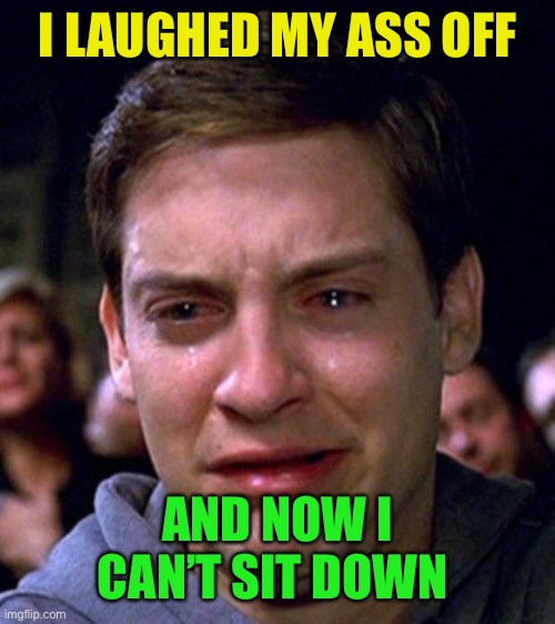 crying peter parker | I LAUGHED MY ASS OFF AND NOW I CAN’T SIT DOWN | image tagged in crying peter parker | made w/ Imgflip meme maker