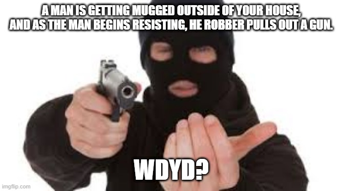 Robber | A MAN IS GETTING MUGGED OUTSIDE OF YOUR HOUSE, AND AS THE MAN BEGINS RESISTING, HE ROBBER PULLS OUT A GUN. WDYD? | image tagged in robber | made w/ Imgflip meme maker
