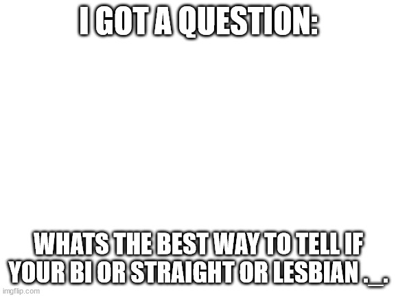 h e l p | I GOT A QUESTION:; WHATS THE BEST WAY TO TELL IF YOUR BI OR STRAIGHT OR LESBIAN ._. | image tagged in blank white template | made w/ Imgflip meme maker