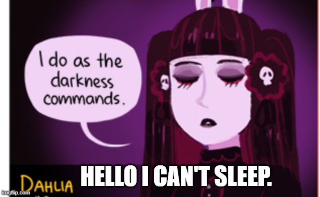 F***ing insomnia I swear- | HELLO I CAN'T SLEEP. | image tagged in i do as the darkness commands | made w/ Imgflip meme maker