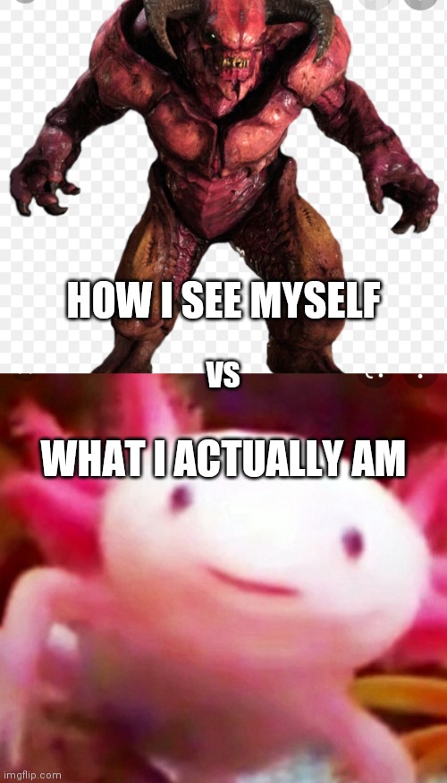 (Speaks in UwU) I'm just a cute little axolotl | HOW I SEE MYSELF; VS; WHAT I ACTUALLY AM | image tagged in axolotl,beast | made w/ Imgflip meme maker