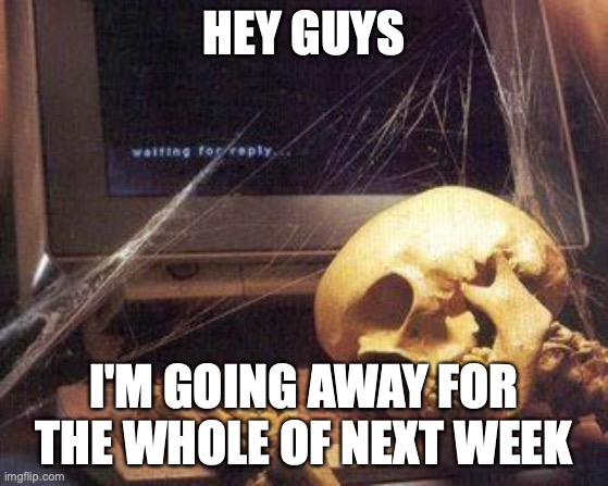 just so y'all know I aint dead | HEY GUYS; I'M GOING AWAY FOR THE WHOLE OF NEXT WEEK | image tagged in dead skeleton | made w/ Imgflip meme maker