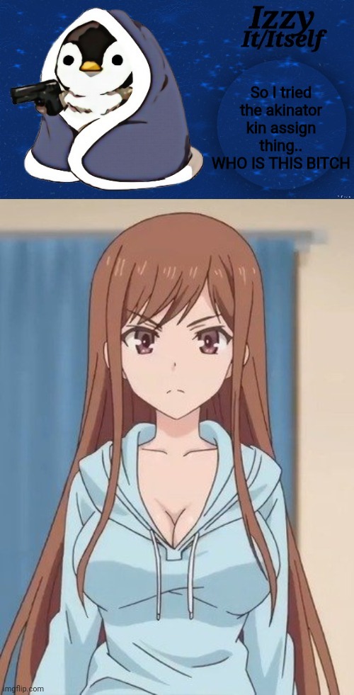 So I tried the akinator kin assign thing.. WHO IS THIS BITCH | image tagged in izzy | made w/ Imgflip meme maker