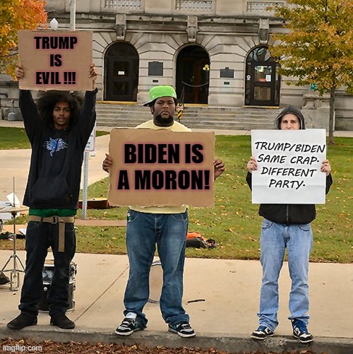 3 Demonstrators Holding Signs | TRUMP
IS
EVIL !!! BIDEN IS
A MORON! TRUMP/BIDEN
SAME CRAP.
DIFFERENT
PARTY. | image tagged in 3 demonstrators holding signs | made w/ Imgflip meme maker