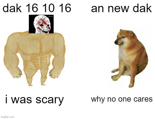 Buff Doge vs. Cheems | dak 16 10 16; an new dak; i was scary; why no one cares | image tagged in memes,buff doge vs cheems,scary | made w/ Imgflip meme maker