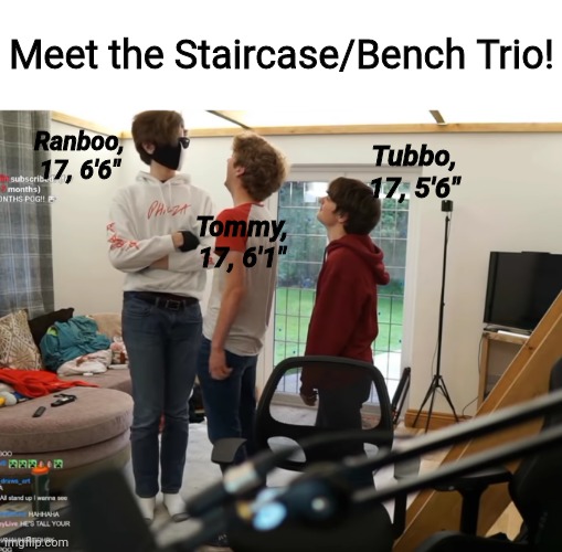 Meet the Staircase/Bench Trio! Ranboo, 17, 6'6"; Tubbo, 17, 5'6"; Tommy, 17, 6'1" | made w/ Imgflip meme maker