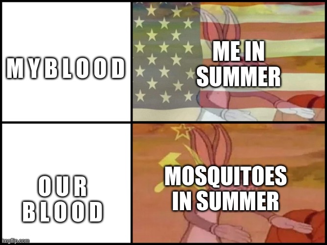 why mosquitoes | ME IN SUMMER; M Y B L O O D; MOSQUITOES IN SUMMER; O U R B L O O D | image tagged in capitalist and communist | made w/ Imgflip meme maker