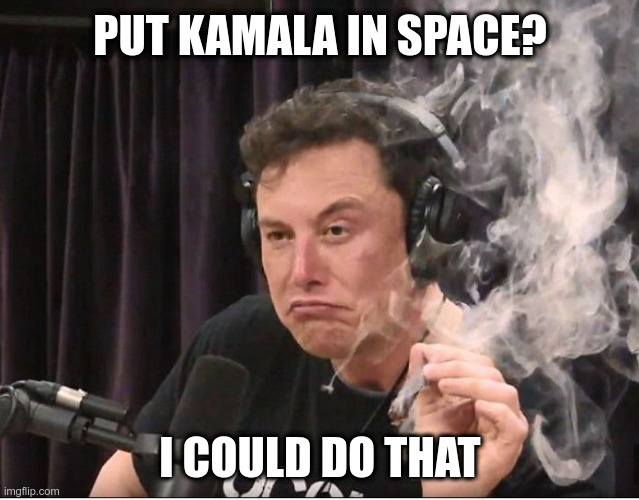 Elon Musk smoking a joint | PUT KAMALA IN SPACE? I COULD DO THAT | image tagged in elon musk smoking a joint | made w/ Imgflip meme maker