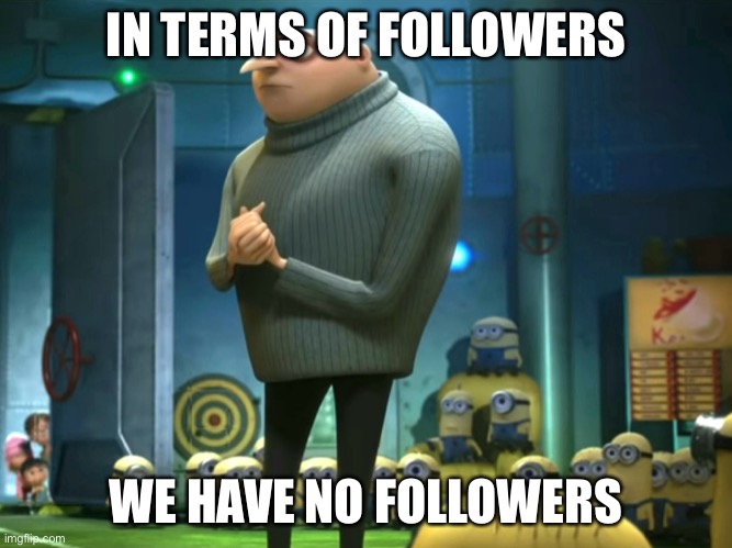 Followers | IN TERMS OF FOLLOWERS; WE HAVE NO FOLLOWERS | image tagged in in terms of money we have no money,followers,follow,gru meme | made w/ Imgflip meme maker