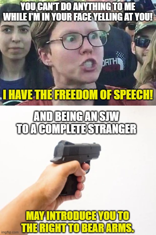 YOU CAN'T DO ANYTHING TO ME WHILE I'M IN YOUR FACE YELLING AT YOU! I HAVE THE FREEDOM OF SPEECH! AND BEING AN SJW TO A COMPLETE STRANGER MAY | image tagged in triggered liberal | made w/ Imgflip meme maker