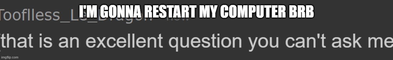 REEEEEEEEEE- | I'M GONNA RESTART MY COMPUTER BRB | image tagged in that is an excellent question you can't ask me | made w/ Imgflip meme maker