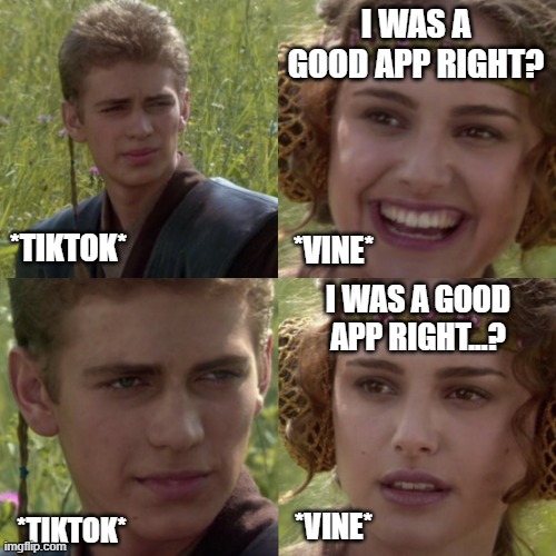 For the better right blank | I WAS A GOOD APP RIGHT? *TIKTOK*; *VINE*; I WAS A GOOD APP RIGHT...? *VINE*; *TIKTOK* | image tagged in for the better right blank | made w/ Imgflip meme maker