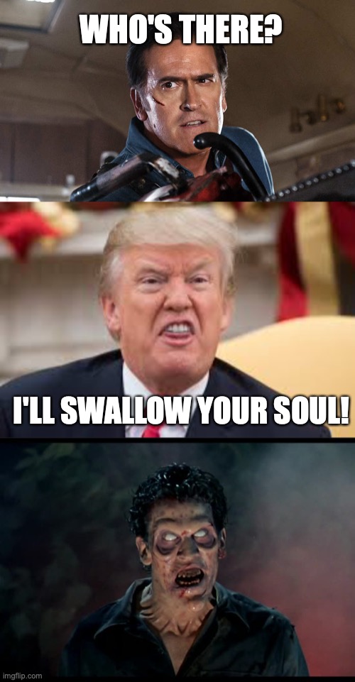 WHO'S THERE? I'LL SWALLOW YOUR SOUL! | image tagged in evil dead ash,trump hiss,evil dead 2 ash demon | made w/ Imgflip meme maker