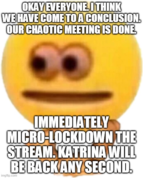 Waiting Emoji | OKAY EVERYONE. I THINK WE HAVE COME TO A CONCLUSION. OUR CHAOTIC MEETING IS DONE. IMMEDIATELY MICRO-LOCKDOWN THE STREAM. KATRINA WILL BE BACK ANY SECOND. | image tagged in waiting emoji | made w/ Imgflip meme maker