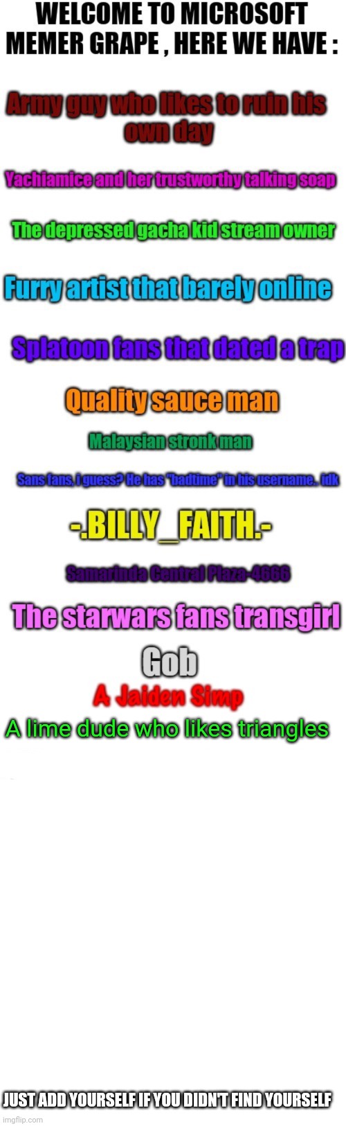 A lime dude who likes triangles; JUST ADD YOURSELF IF YOU DIDN'T FIND YOURSELF | image tagged in memes,blank transparent square | made w/ Imgflip meme maker