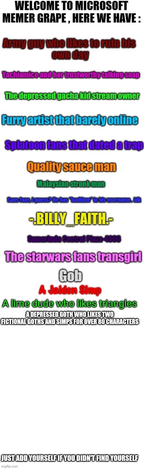 my station me get | A DEPRESSED GOTH WHO LIKES TWO FICTIONAL GOTHS AND SIMPS FOR OVER 80 CHARACTERS | made w/ Imgflip meme maker