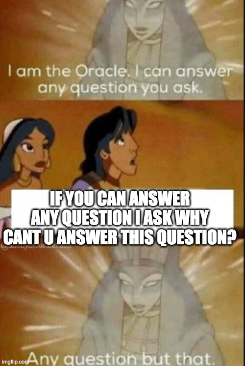 HMMM | IF YOU CAN ANSWER ANY QUESTION I ASK WHY CANT U ANSWER THIS QUESTION? | image tagged in the oracle,oh wow are you actually reading these tags,stop reading the tags,pls,stop it get some help | made w/ Imgflip meme maker