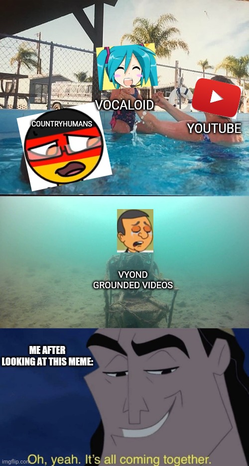 Three Toxic Communities In One! | VOCALOID; COUNTRYHUMANS; YOUTUBE; VYOND GROUNDED VIDEOS; ME AFTER LOOKING AT THIS MEME: | image tagged in mother ignoring kid drowning in a pool,it's all coming together,countryhumans,vocaloid,goanimate | made w/ Imgflip meme maker