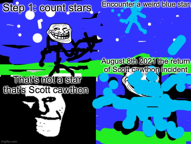 I wish this actually happens | Encounter a weird blue star; Step 1: count stars; August 8th 2021 the return of Scott cawthon incident; That’s not a star that’s Scott cawthon | image tagged in memes,blank comic panel 2x2,fnaf,scott cawthon,trollge | made w/ Imgflip meme maker