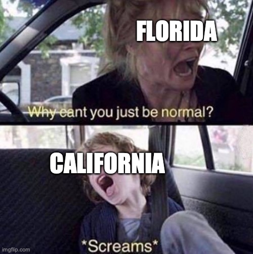 Why Can't You Just Be Normal | FLORIDA; CALIFORNIA | image tagged in why can't you just be normal | made w/ Imgflip meme maker