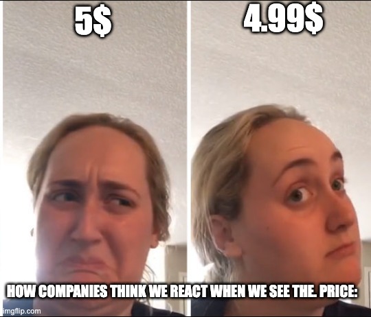 Why is this so true | 4.99$; 5$; HOW COMPANIES THINK WE REACT WHEN WE SEE THE. PRICE: | image tagged in kombucha girl | made w/ Imgflip meme maker