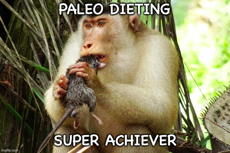 Paleo Diet | PALEO DIETING; SUPER ACHIEVER | image tagged in rat-eating macaque,paleo diet | made w/ Imgflip meme maker