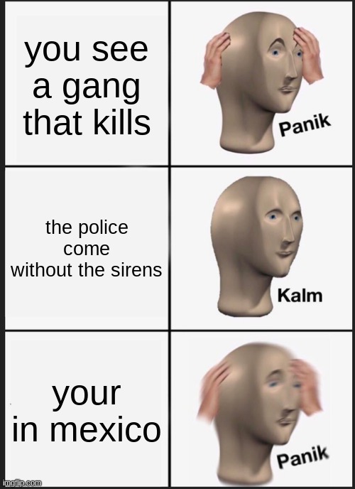 uh oh | you see a gang that kills; the police come without the sirens; your in mexico | image tagged in memes,panik kalm panik | made w/ Imgflip meme maker