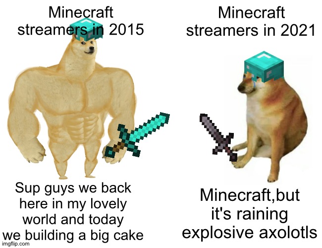 Minecraft streaming 2015 vs 2021 | Minecraft streamers in 2015; Minecraft streamers in 2021; Sup guys we back here in my lovely world and today we building a big cake; Minecraft,but it's raining explosive axolotls | image tagged in memes,buff doge vs cheems,minecraft,streaming,barney will eat all of your delectable biscuits | made w/ Imgflip meme maker