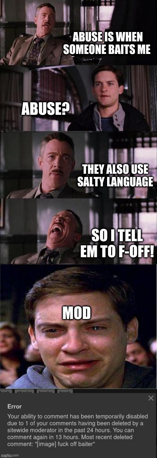 this happened - not allowed in fun for some reason lol | ABUSE IS WHEN SOMEONE BAITS ME; ABUSE? THEY ALSO USE SALTY LANGUAGE; SO I TELL EM TO F-OFF! MOD | image tagged in memes,peter parker cry,baiter,hypocrites | made w/ Imgflip meme maker