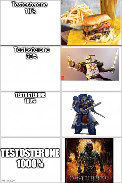 Testosterone | Testosterone 
10%; Testosterone
50%; TESTOSTERONE
100%; TESTOSTERONE
1000% | image tagged in memes,blank comic panel 2x1 | made w/ Imgflip meme maker