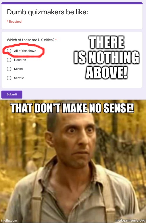 Dumb quizmakers be like | THERE IS NOTHING ABOVE! | image tagged in be like,dumb,meme,lol,google forms | made w/ Imgflip meme maker