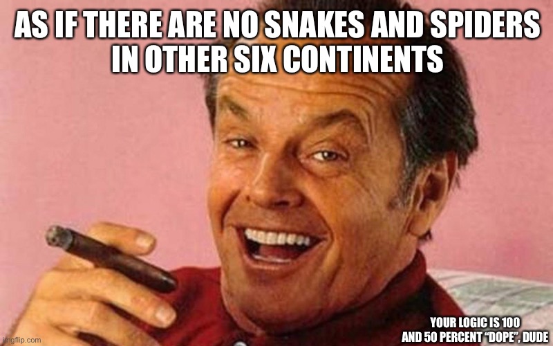 AS IF THERE ARE NO SNAKES AND SPIDERS
IN OTHER SIX CONTINENTS YOUR LOGIC IS 100 AND 50 PERCENT “DOPE”, DUDE | made w/ Imgflip meme maker