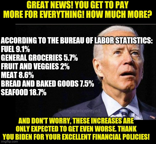 Pandemic now seems to be a secret code for "inflation" ehh Democrats? Well st least ketchup is cheaper apparently, right Biden? | GREAT NEWS! YOU GET TO PAY MORE FOR EVERYTHING! HOW MUCH MORE? ACCORDING TO THE BUREAU OF LABOR STATISTICS:
FUEL 9.1%
GENERAL GROCERIES 5.7%
FRUIT AND VEGGIES 2%
MEAT 8.6%
BREAD AND BAKED GOODS 7.5%
SEAFOOD 18.7%; AND DON'T WORRY, THESE INCREASES ARE ONLY EXPECTED TO GET EVEN WORSE. THANK YOU BIDEN FOR YOUR EXCELLENT FINANCIAL POLICIES! | image tagged in joe biden,inflation,trump,covid-19 | made w/ Imgflip meme maker