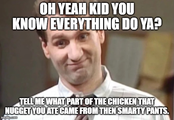 Al Bundy Yeah Right | OH YEAH KID YOU KNOW EVERYTHING DO YA? TELL ME WHAT PART OF THE CHICKEN THAT NUGGET YOU ATE CAME FROM THEN SMARTY PANTS. | image tagged in al bundy yeah right | made w/ Imgflip meme maker