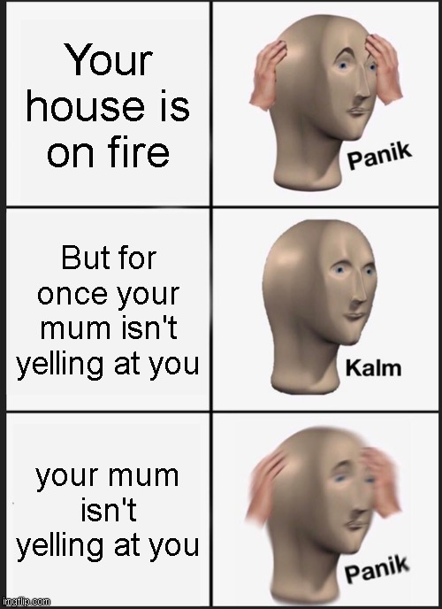 Panik Kalm Panik | Your house is on fire; But for once your mum isn't yelling at you; your mum isn't yelling at you | image tagged in memes,panik kalm panik | made w/ Imgflip meme maker