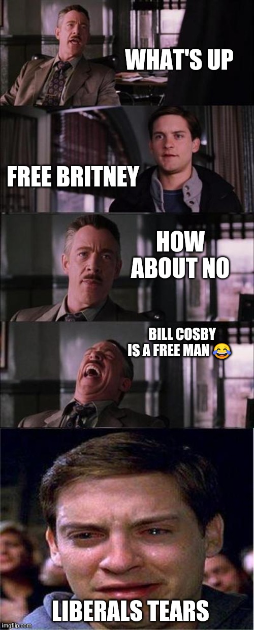 Cosby is free not Britney Spears hate to see it | WHAT'S UP; FREE BRITNEY; HOW ABOUT NO; BILL COSBY IS A FREE MAN 😂; LIBERALS TEARS | image tagged in memes,peter parker cry | made w/ Imgflip meme maker