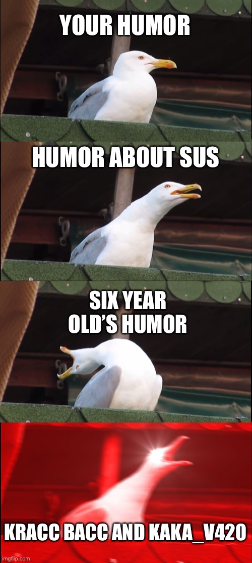 YOUR HUMOR HUMOR ABOUT SUS SIX YEAR OLD’S HUMOR KRACC BACC AND KAKA_V420 | image tagged in memes,inhaling seagull | made w/ Imgflip meme maker
