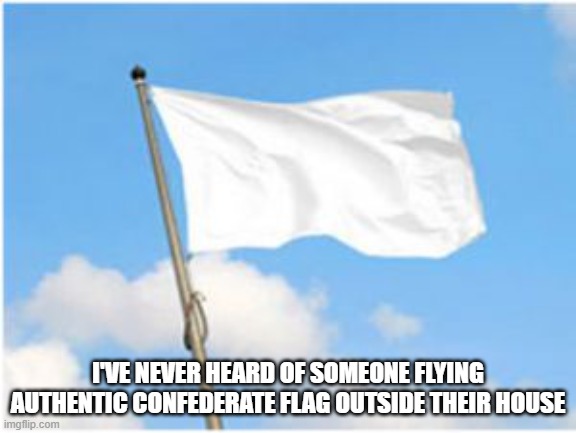 White flag | I'VE NEVER HEARD OF SOMEONE FLYING AUTHENTIC CONFEDERATE FLAG OUTSIDE THEIR HOUSE | image tagged in white flag | made w/ Imgflip meme maker