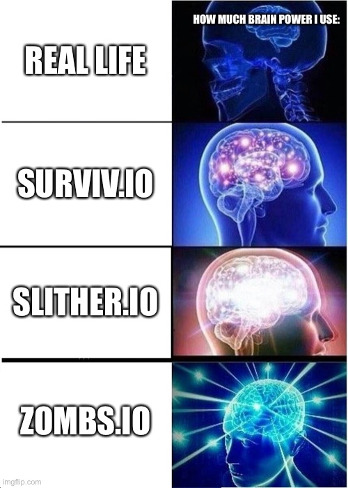 Expanding Brain Meme | HOW MUCH BRAIN POWER I USE:; REAL LIFE; SURVIV.IO; SLITHER.IO; ZOMBS.IO | image tagged in memes,expanding brain | made w/ Imgflip meme maker