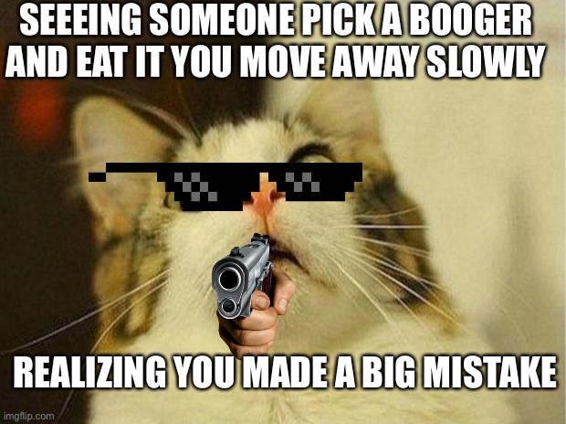 Scared Cat | SEEEING SOMEONE PICK A BOOGER AND EAT IT YOU MOVE AWAY SLOWLY; REALIZING YOU MADE A BIG MISTAKE | image tagged in memes,scared cat | made w/ Imgflip meme maker