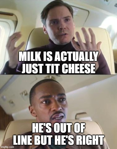 Out of line but he's right | MILK IS ACTUALLY JUST TIT CHEESE; HE'S OUT OF LINE BUT HE'S RIGHT | image tagged in out of line but he's right | made w/ Imgflip meme maker